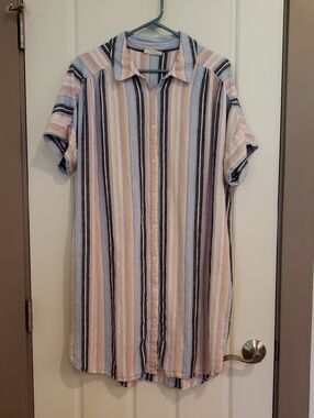 Linen blend short sleeve shirtdress, Vertical stripes. Women's Large